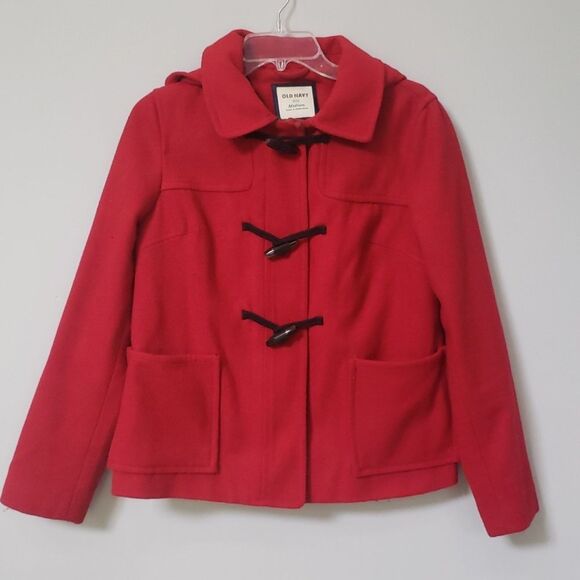 Old Navy Pea Coat Womens sz Medium Wool Blend Hooded Toggle Red - Picture 1 of 9